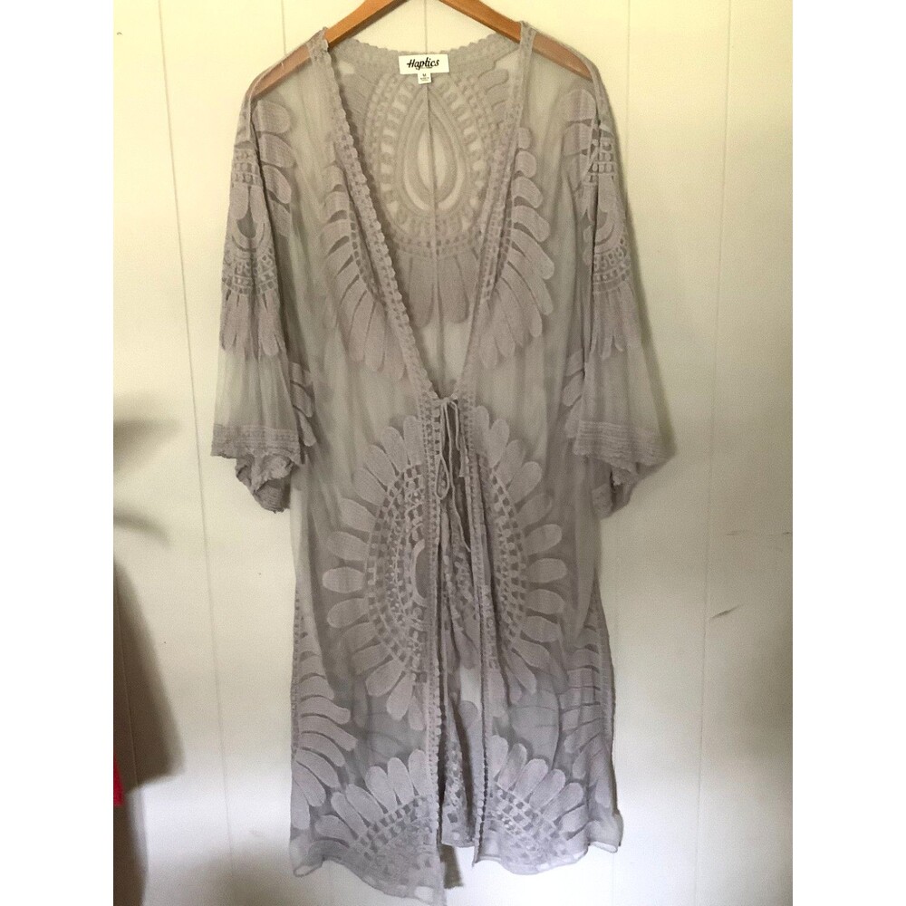 Haptics By Holly Harper Sheer Long Gray Crochet Cover-Up MEDIUM EUC Artsy Boho